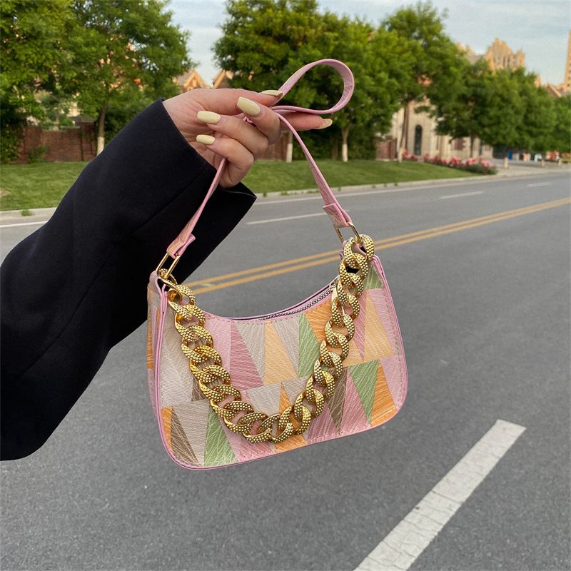 Streetwear Color Block Chain Zipper Underarm Bag