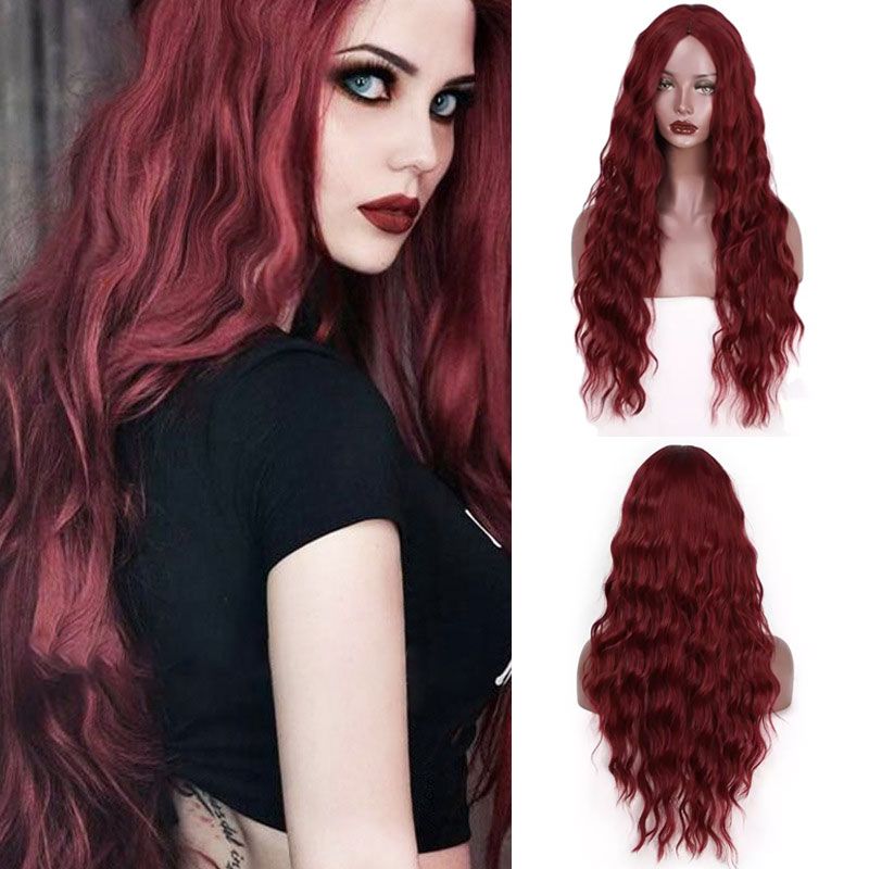 Women's Fashion Wine Red Casual Party Chemical Fiber Centre Parting Long Curly Hair Wigs
