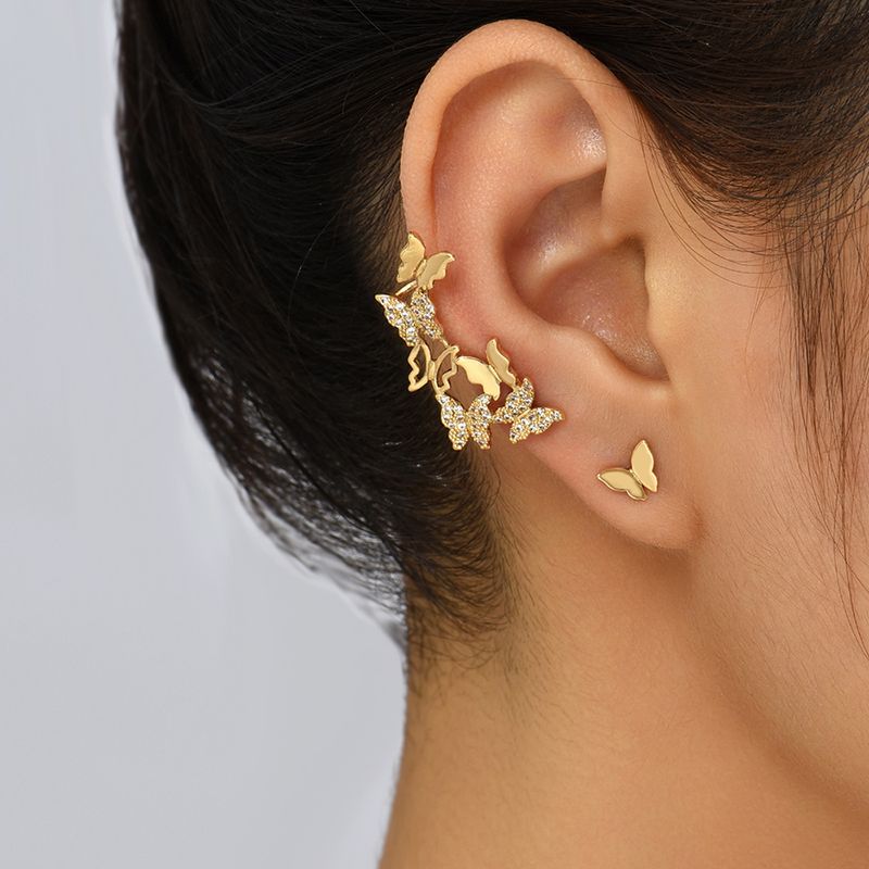 Fashion Asymmetrical Butterfly Copper Ear Studs Plating Zircon Copper Earrings