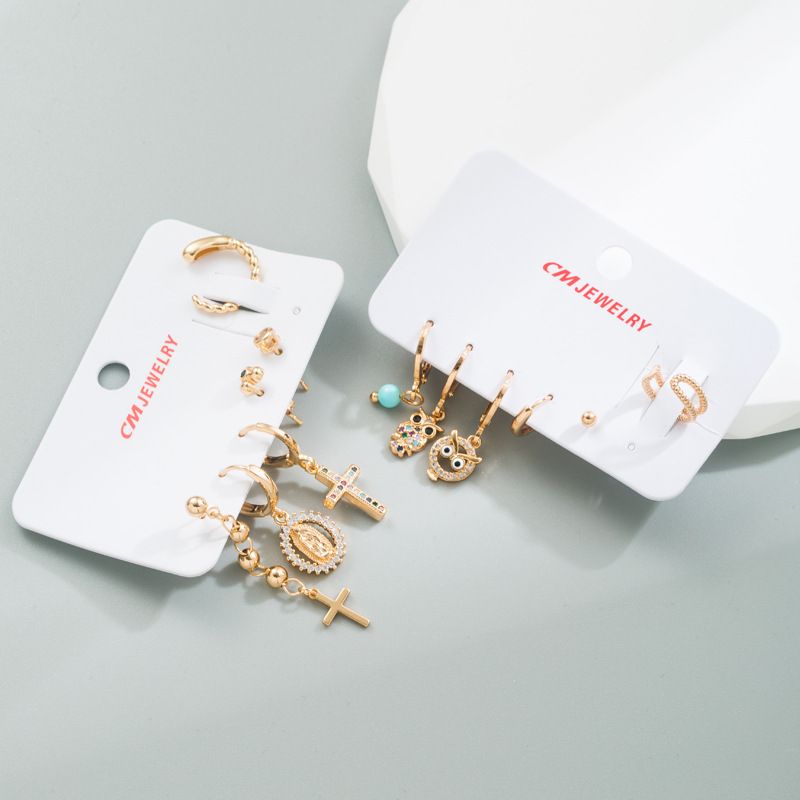 Fashion Geometric Cross Owl Copper Earrings Plating Artificial Gemstones Copper Earrings