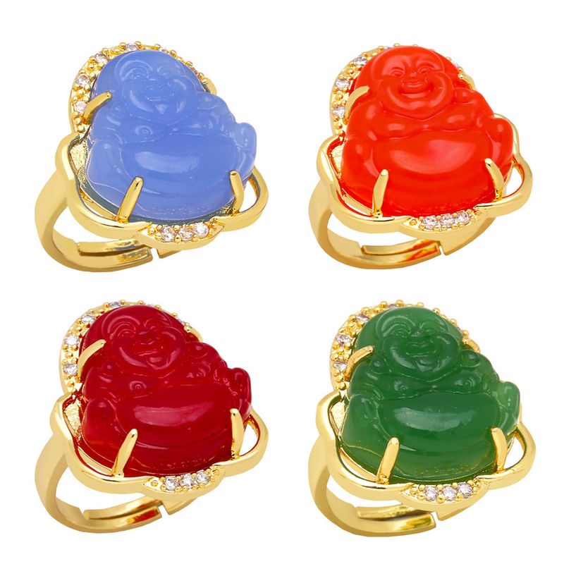 Chinoiserie Buddha Kupfer Offener Ring Überzug Glas Kupfer Ringe