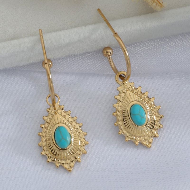 Retro Geometric Stainless Steel Drop Earrings Plating Turquoise Stainless Steel Earrings