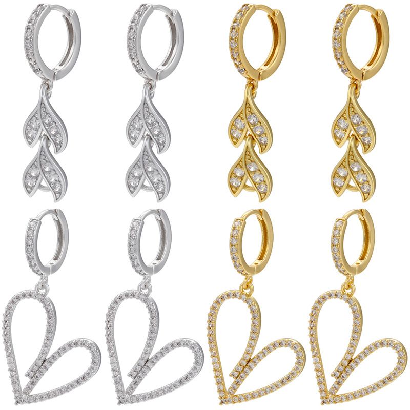 Fashion Heart Shape Grain Copper Drop Earrings Plating Inlay Rhinestones Copper Earrings