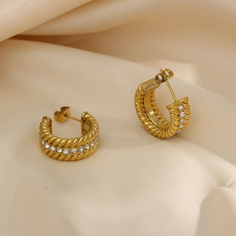 Fashion C Shape Spiral Stripe Inlay Stainless Steel Zircon Gold Plated Earrings