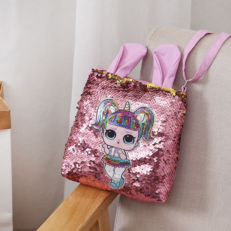 Girl's Small Pu Leather Cartoon Cute Sequins Square Zipper Crossbody Bag