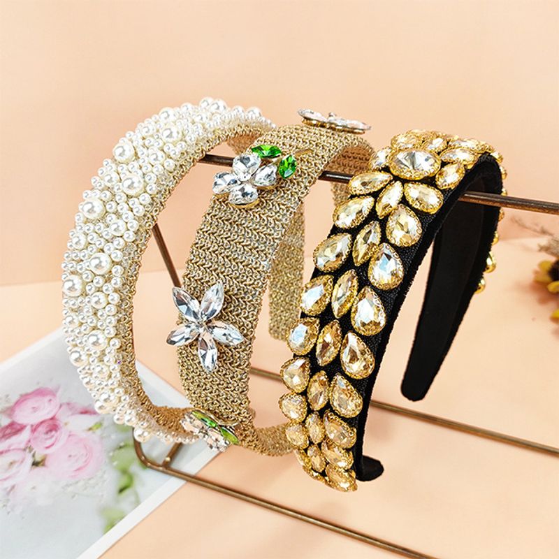 Baroque Style Flower Artificial Gemstones Inlay Gem Rhinestones Pearl Hair Band 1 Piece