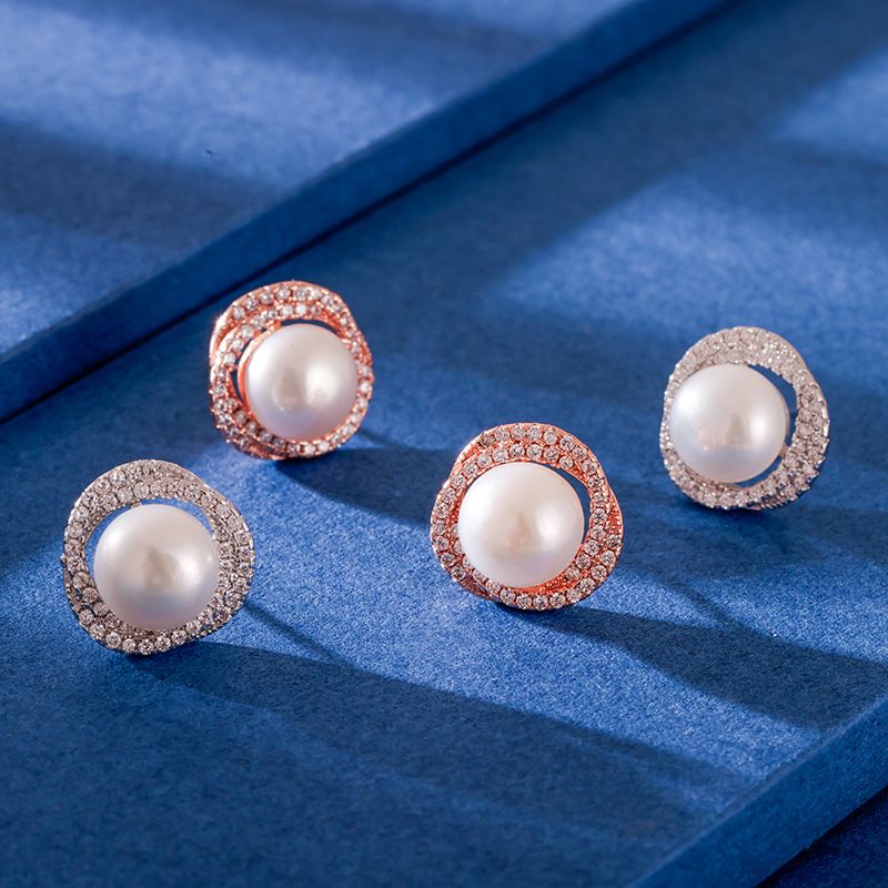 Fashion Flower Sterling Silver Ear Studs Inlaid Pearls Zircon 925 Silver Earrings 1 Pair