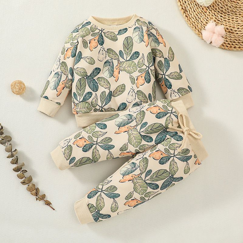 Fashion Leaves Polyester Printing Pants Sets Baby Clothes