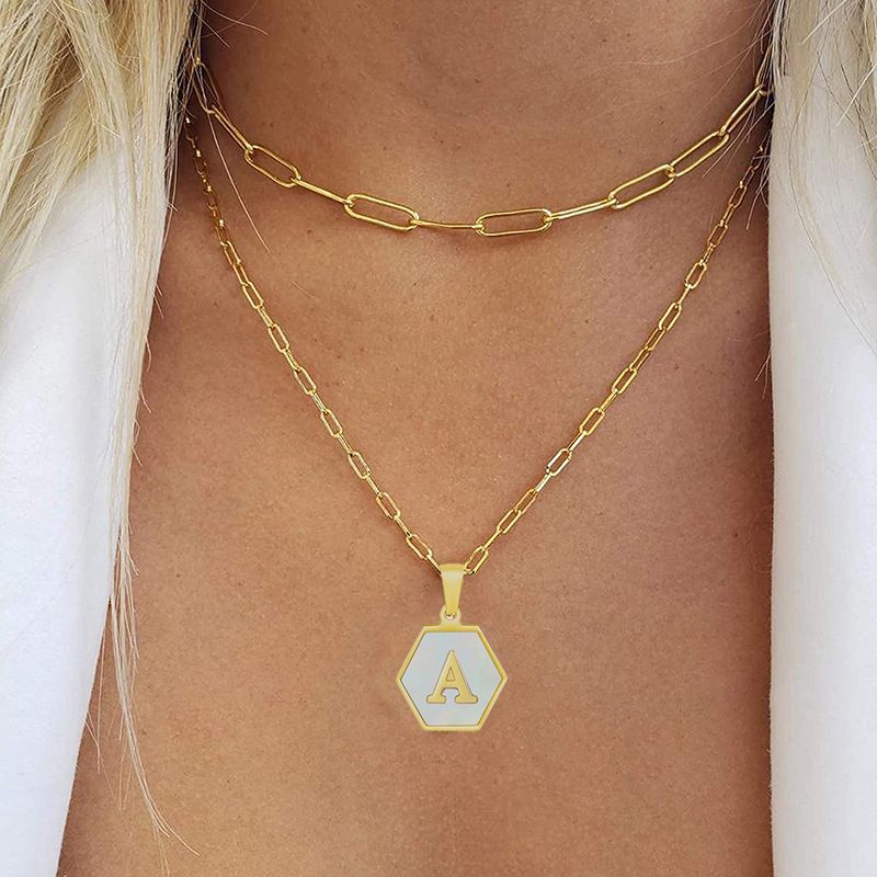 Fashion Hexagon Letter Stainless Steel Layered Necklaces Gold Plated Shell Stainless Steel Necklaces