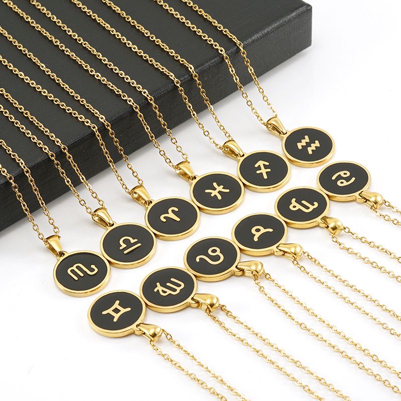 Fashion Round Constellation Stainless Steel Pendant Necklace Enamel Gold Plated Stainless Steel Necklaces