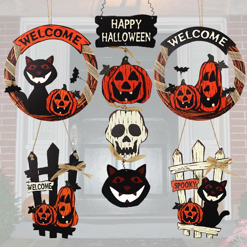Halloween Wooden Pumpkin Black Cat Cemetery Castle Ghost Decoration Pendant