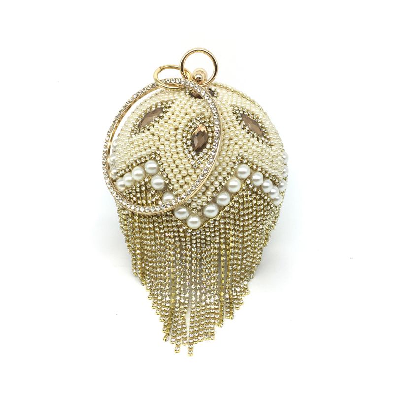 Gold Silver Rhinestone Solid Color Tassel Pearl Round Evening Bags