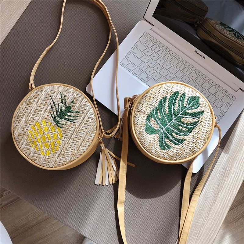 Women's Small Straw Fruit Vacation Embroidery Round Zipper Crossbody Bag