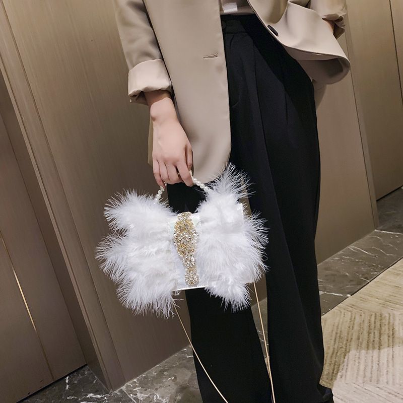 Women's Small Fur Solid Color Streetwear Rhinestone Pearl Square Flip Cover Crossbody Bag