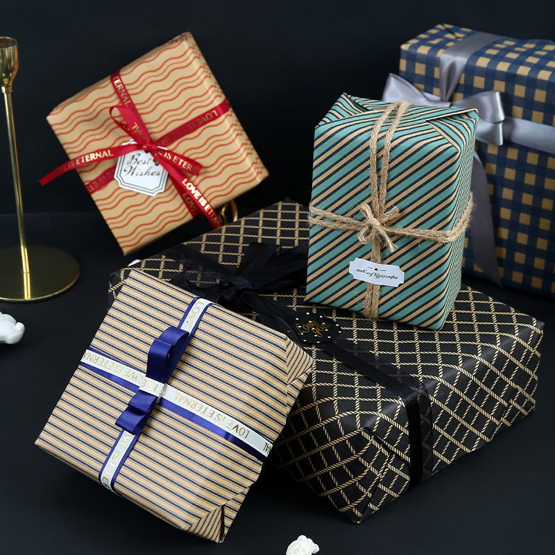 Birthday Retro Stripe Plaid Kraft Paper Party Gift Wrapping Supplies