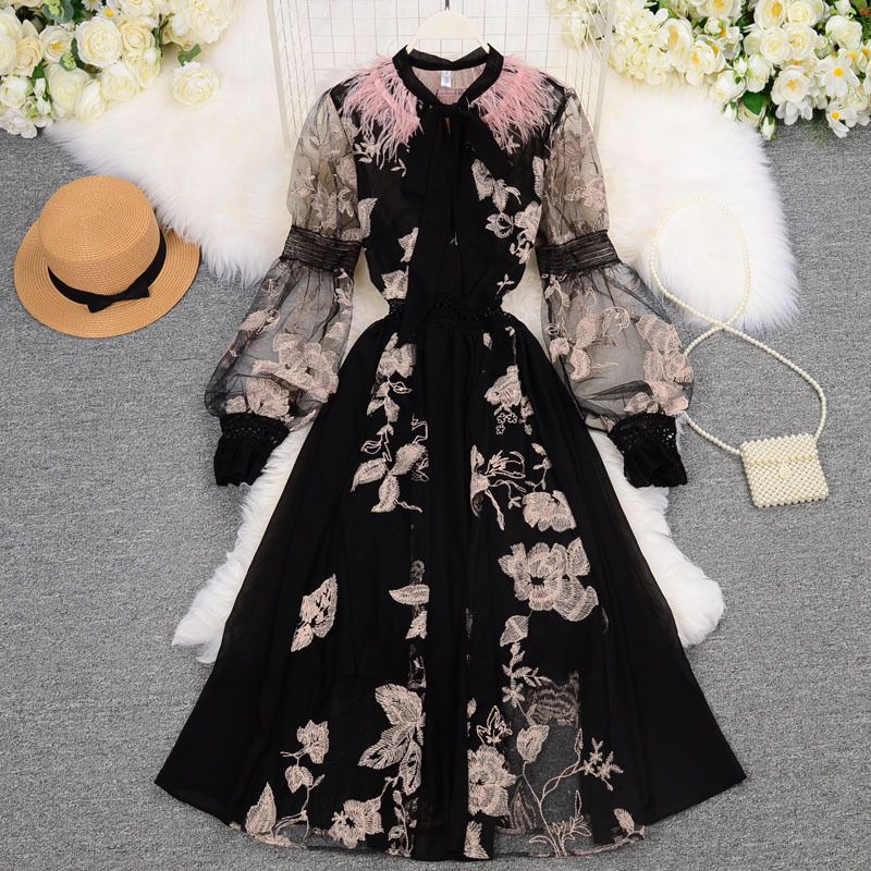 Women's A-line Skirt Elegant Round Neck Embroidery Feather Long Sleeve Flower Midi Dress Holiday Daily