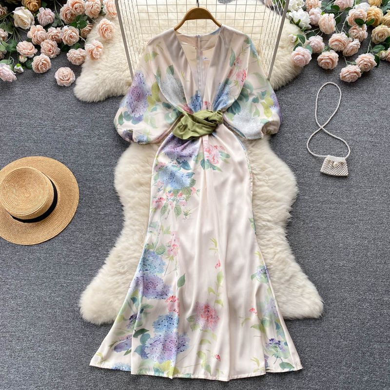 Women's Floral Dress Elegant Vacation Fashion Deep V Printing Half Sleeve Printing Maxi Long Dress Holiday Daily