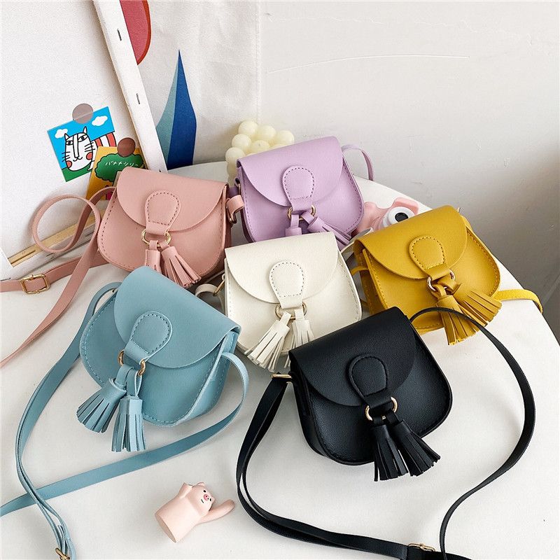 Kid's Small Pu Leather Solid Color Cute Tassel Square Flip Cover Crossbody Bag