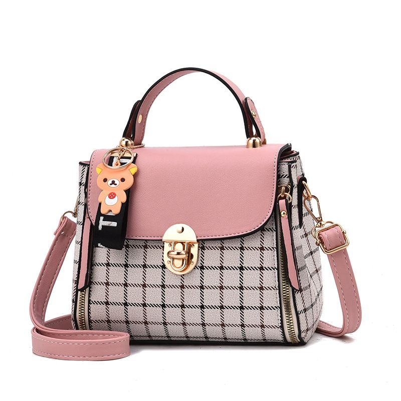 Women's Medium Pu Leather Plaid Cute Ornament Square Flip Cover Crossbody Bag