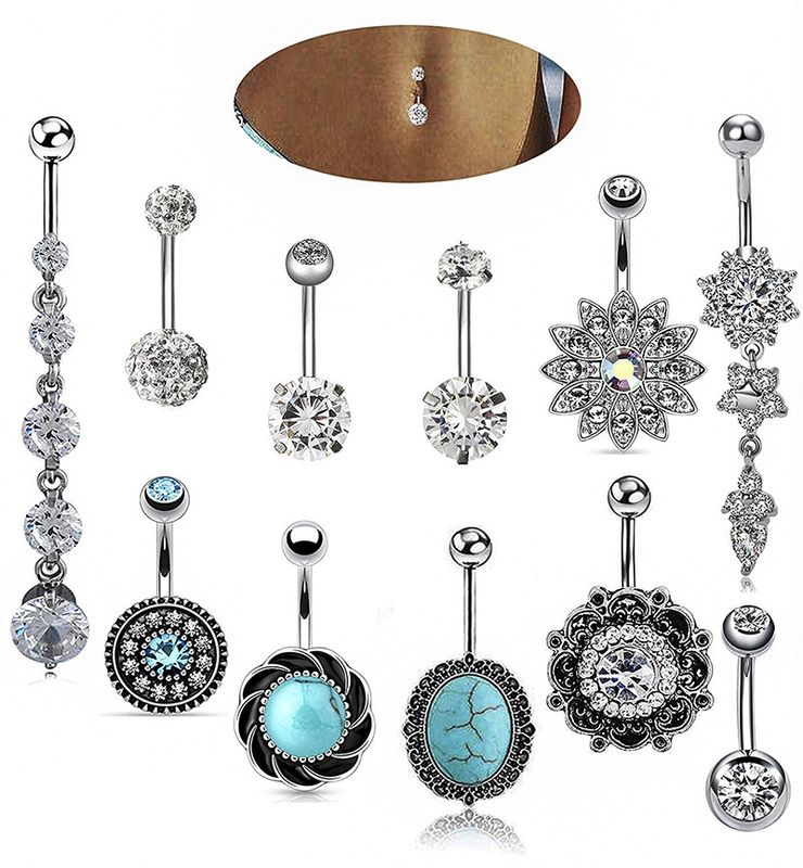 Fashion Geometric Flower Stainless Steel Inlay Turquoise Rhinestones Belly Ring 1 Set