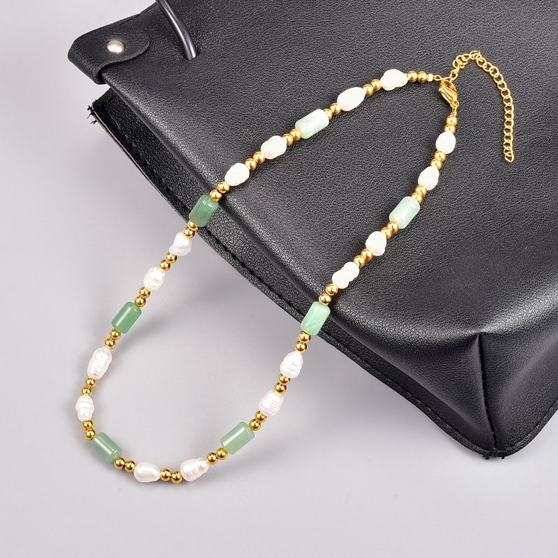 Simple Style Color Block Gem Titanium Steel Necklace Patchwork Plating Pearl Stainless Steel Necklaces