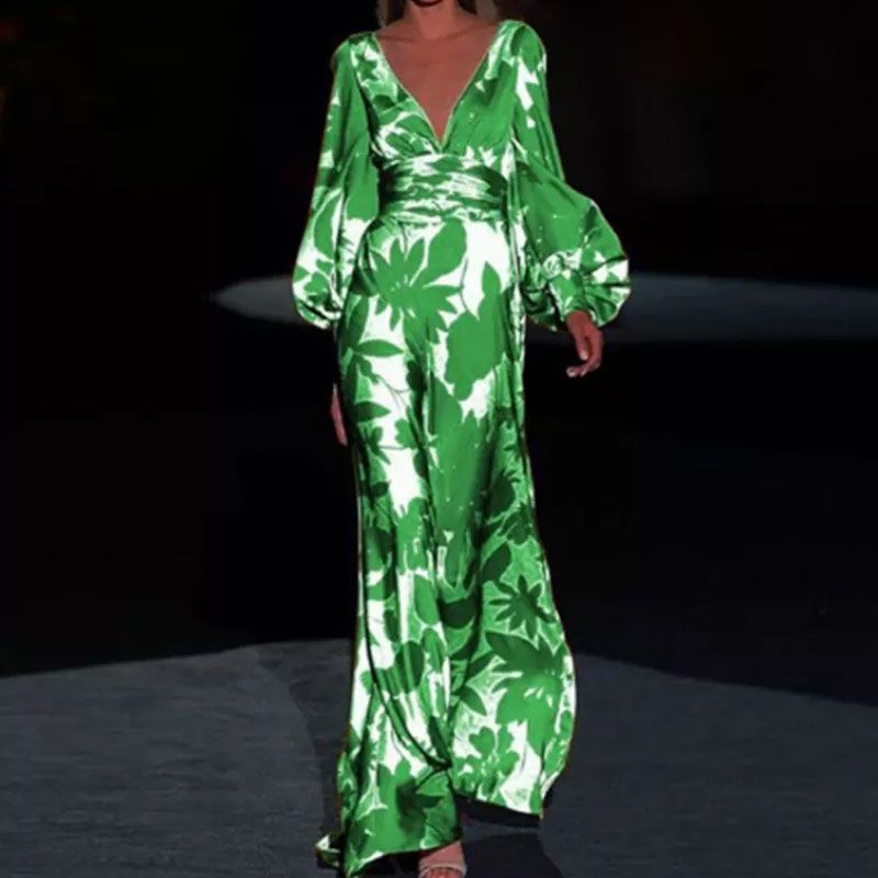 Mode Blumen V-ausschnitt Lange Ärmel Polyester Kleider Maxi Langes Kleid Swing-kleid