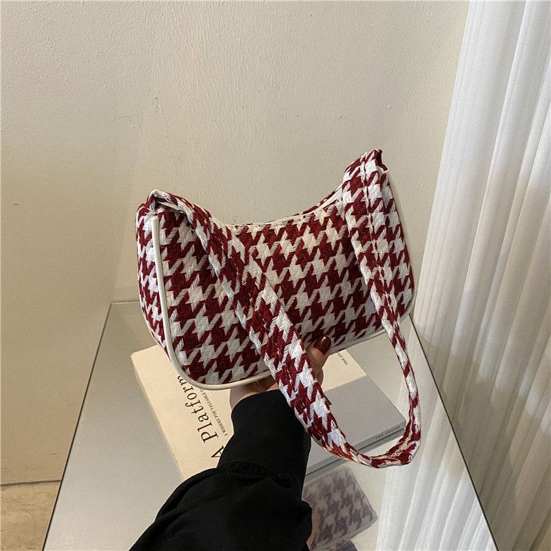 Women's Small Canvas Houndstooth Fashion Square Zipper Underarm Bag