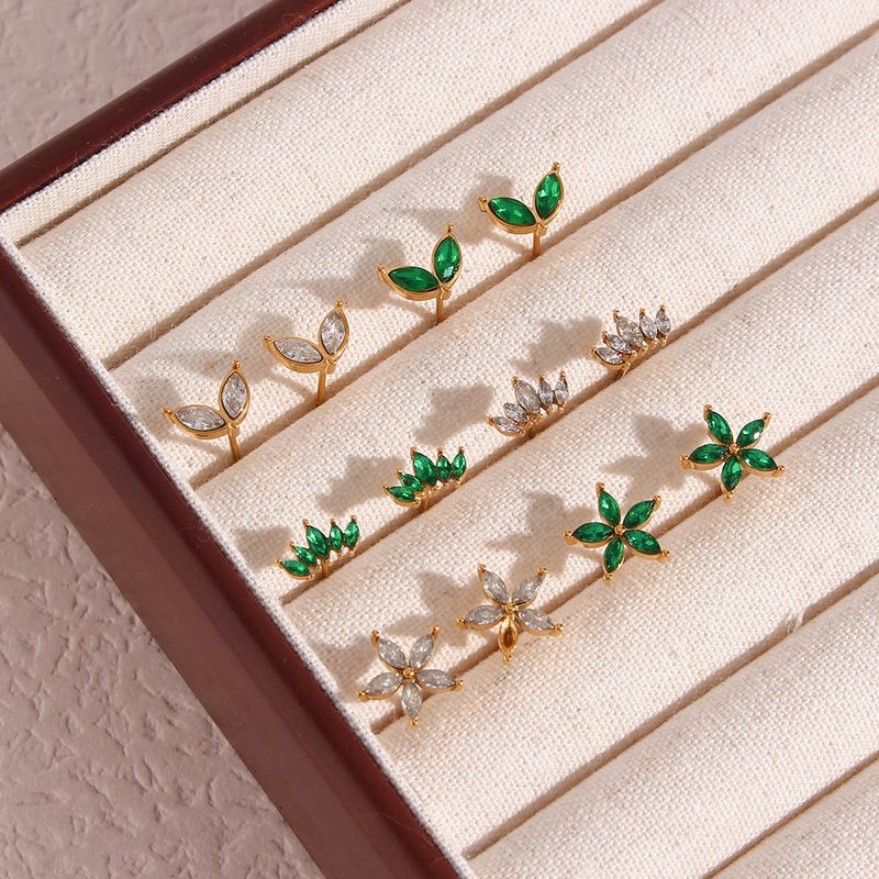 Simple Style Leaf Flower Inlay Stainless Steel Zircon Gold Plated Ear Studs