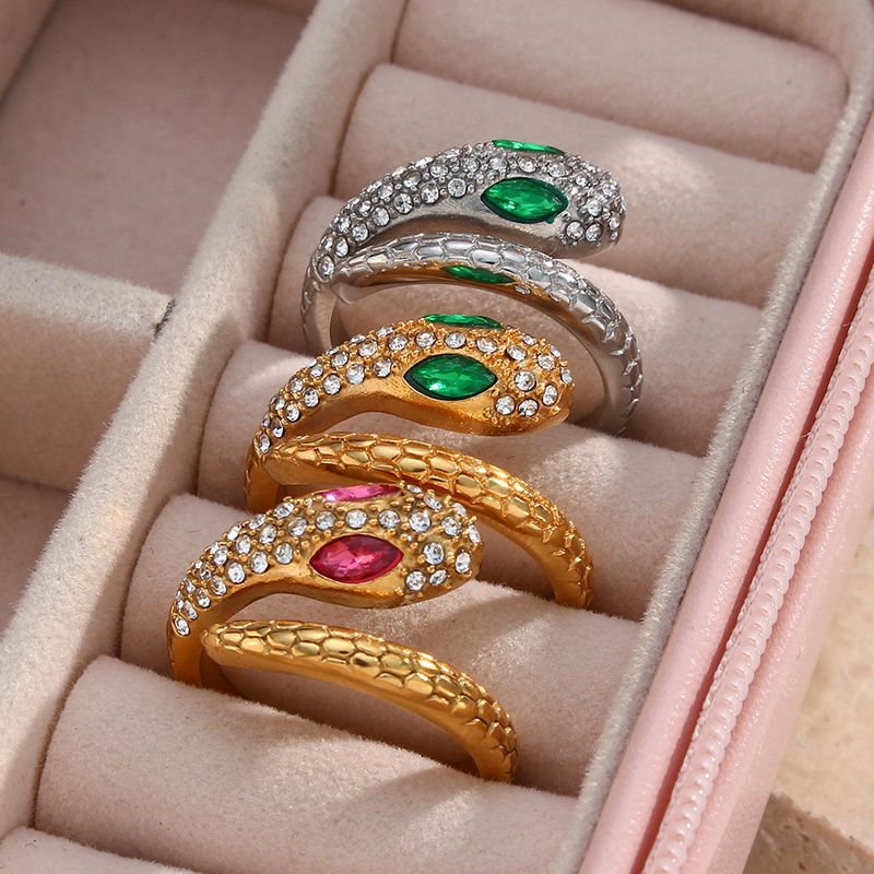 Fashion Snake Stainless Steel Open Ring Inlay Zircon Copper Rings