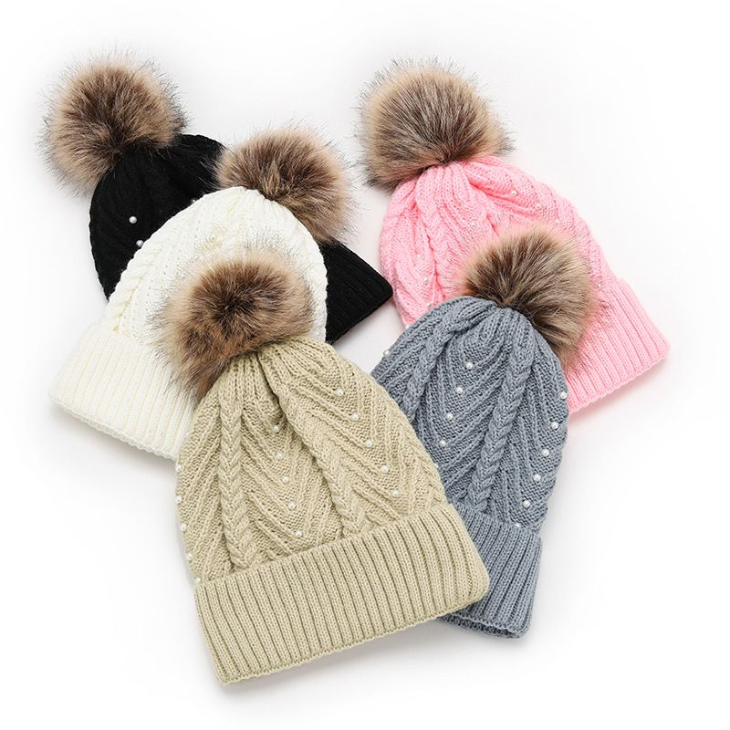 Women's Fashion Solid Color Pom Poms Pearl Wool Cap