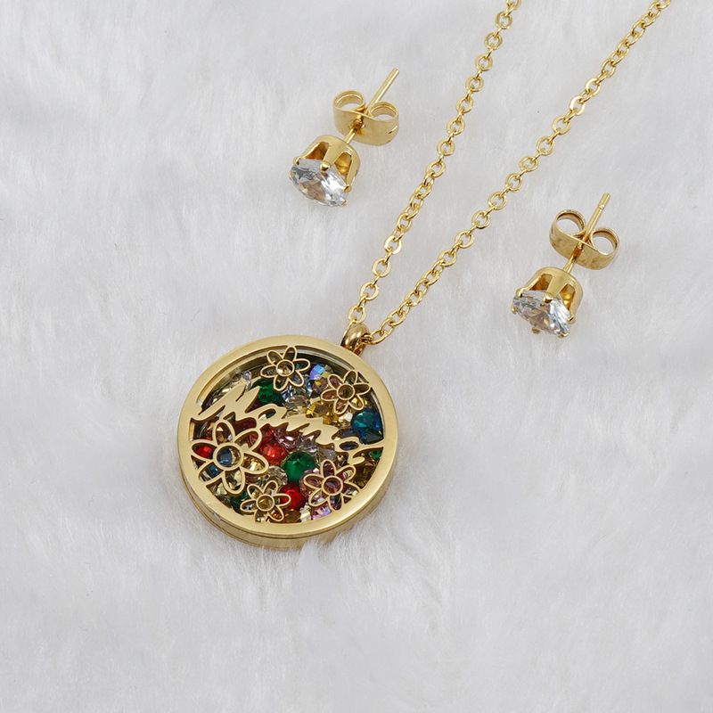 Wholesale Fashion Round Letter Flower Stainless Steel Hollow Out Zircon Earrings Necklace