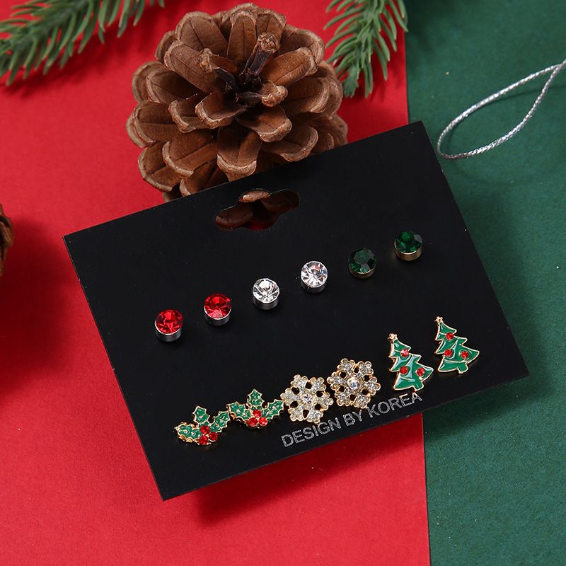 Cute Christmas Tree Snowflake Alloy Plating Inlay Rhinestones Ear Studs 1 Set
