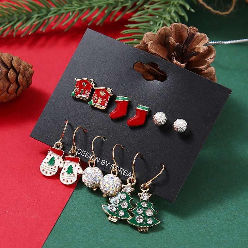 Cute Christmas Tree Christmas Socks Alloy Plating Inlay Rhinestones Ear Studs Ear Hook 1 Set