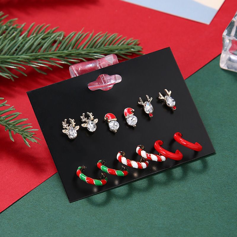 Cute Christmas Hat Reindeer Alloy Plating Inlay Rhinestones Earrings Ear Studs 1 Set