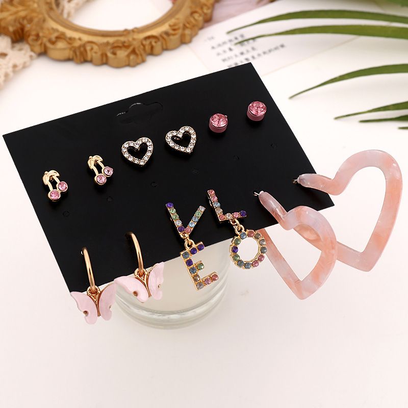 Fashion Letter Heart Shape Butterfly Alloy Plating Inlay Rhinestones Earrings Ear Studs 1 Set