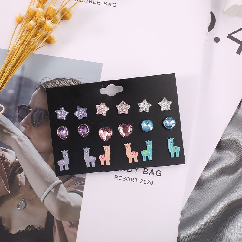 Cute Pentagram Alpaca Alloy Plating Inlay Acrylic Ear Studs 1 Set