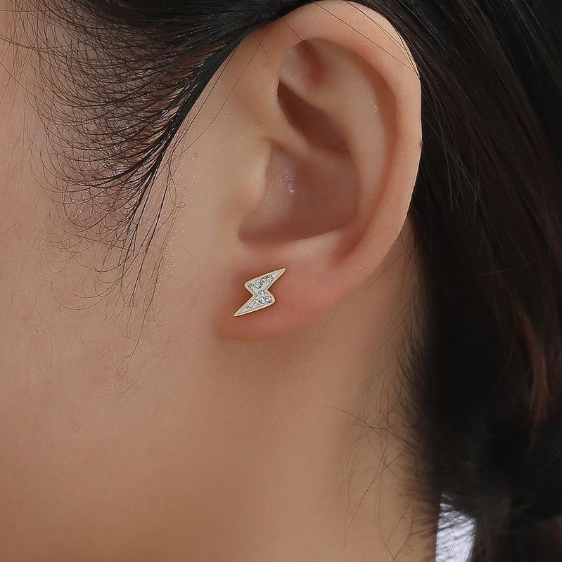 1 Pair Fashion Lightning Three-dimensional Gold Plated Stainless Steel Rhinestones Ear Studs