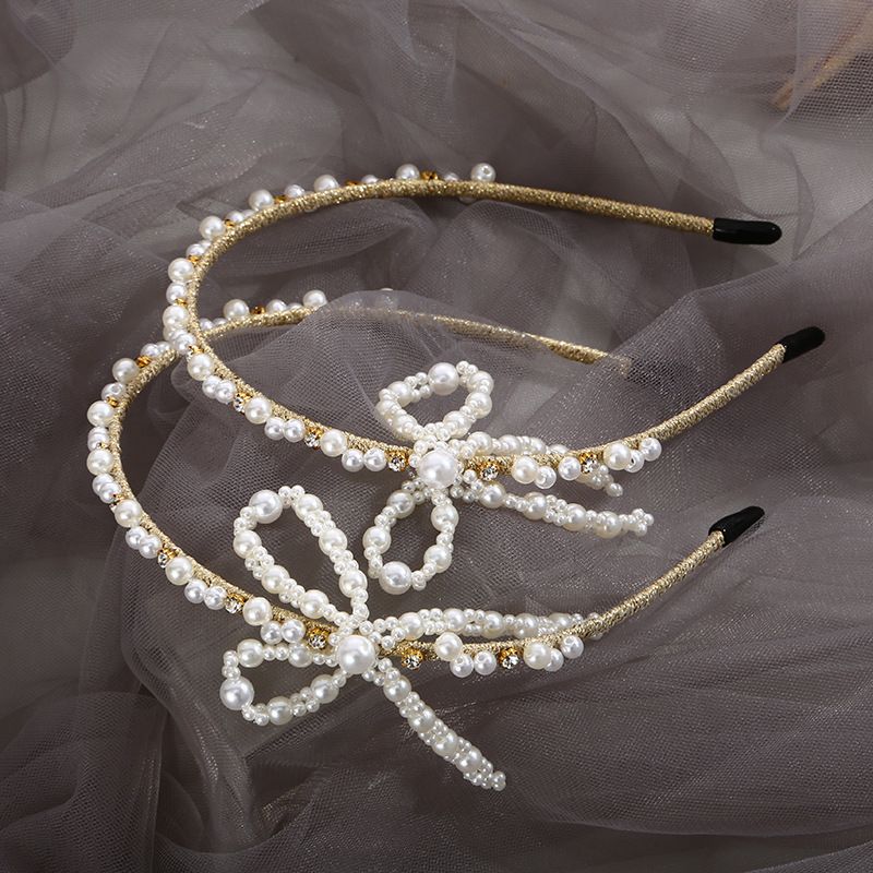 Women'S Fairy Style Bow Knot Iron Inlay Rhinestones Pearl Hair Band