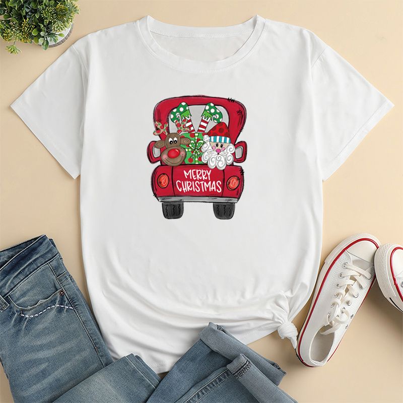 Simple Style Santa Claus Car Polyester Round Neck Short Sleeve Regular Sleeve Printing T-shirt