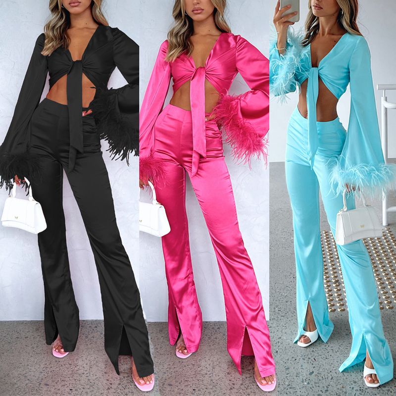 Women's Sexy Solid Color Polyester Patchwork Feather Pants Sets