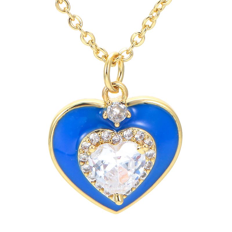 Casual Heart Shape Copper Pendant Necklace Enamel Plating Inlay Zircon Copper Necklaces