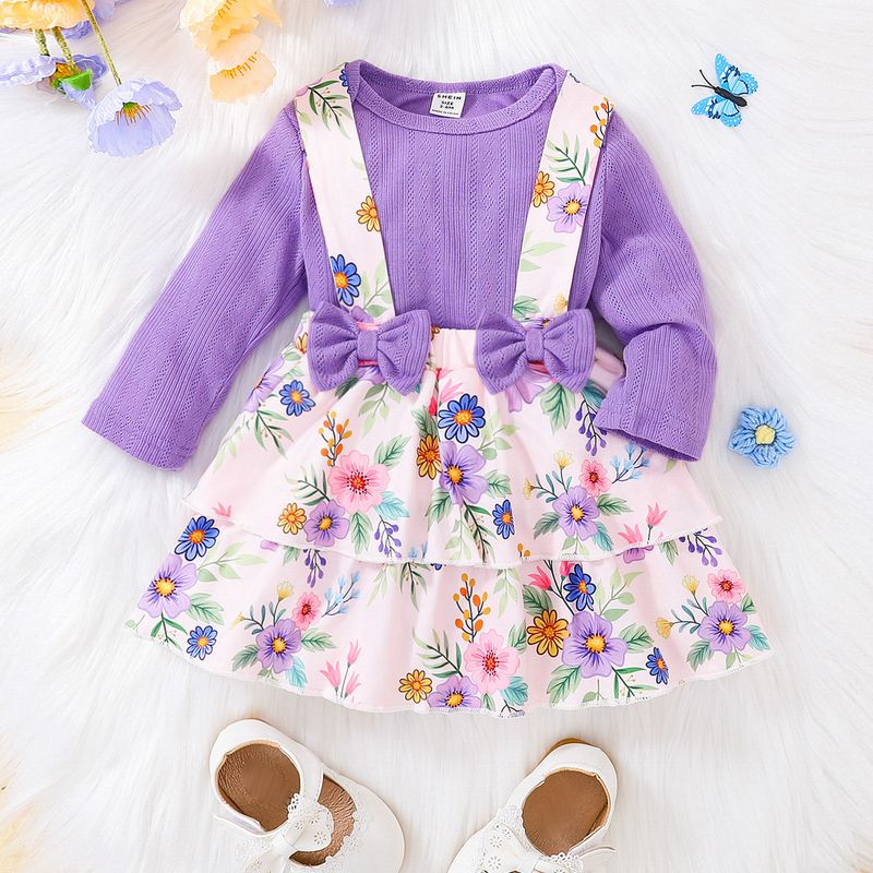 Fashion Flower Bowknot Polyester Girls Clothing Sets