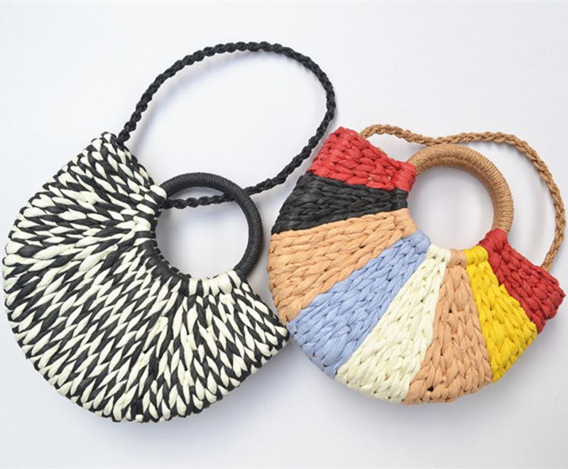 Women's Medium Straw Color Block Cute Oval Open Straw Bag