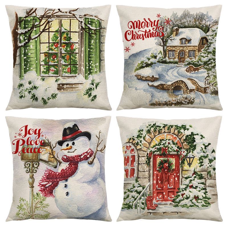 Cute Christmas Tree Snowman Linen Pillow Cases