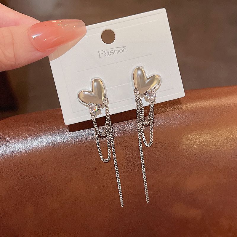 Fashion Tassel Heart Shape Copper Drop Earrings Inlaid Zircon Copper Earrings 1 Pair