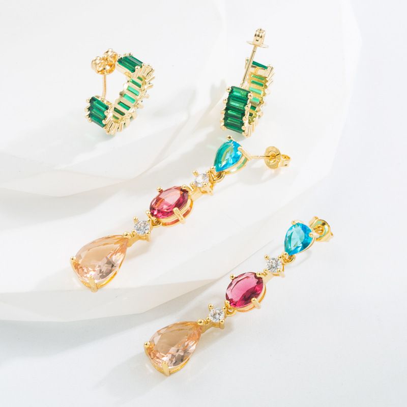 Fashion C Shape Water Droplets Inlaid Zircon Copper Gold Plated Earrings