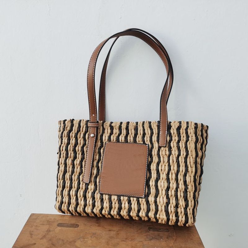 Women's Medium Straw Stripe Fashion Weave Square String Handbag