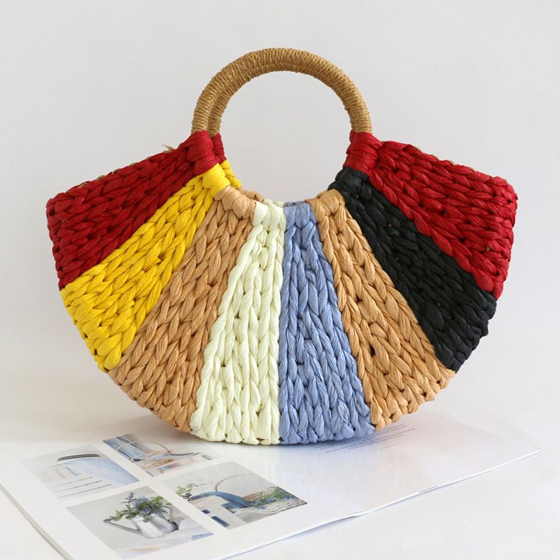 Women's Medium Straw Color Block Fashion Semicircle Handbag