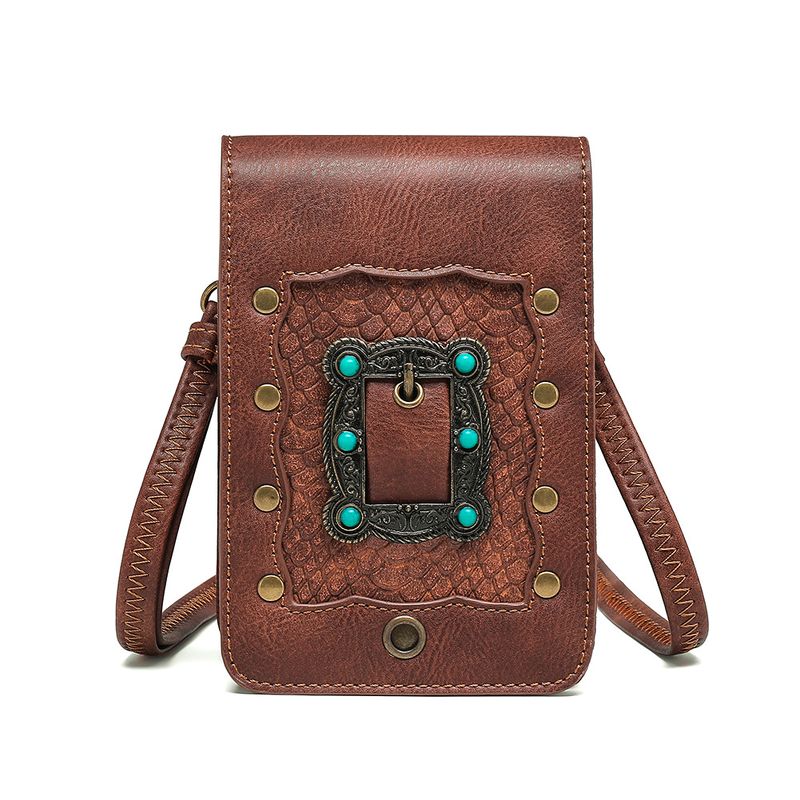 Women's Mini Pu Leather Geometric Vintage Style Metal Button Square Magnetic Buckle Crossbody Bag