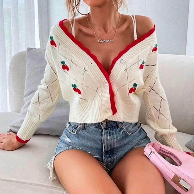 Classic Style Cherry Acrylic Scalloped Neckline Long Sleeve Regular Sleeve Button Cardigan